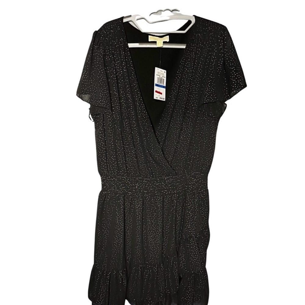 NWT - MICHAEL Michael Kors Women's Printed Faux-Wrap Dress (Black/Silver) XL